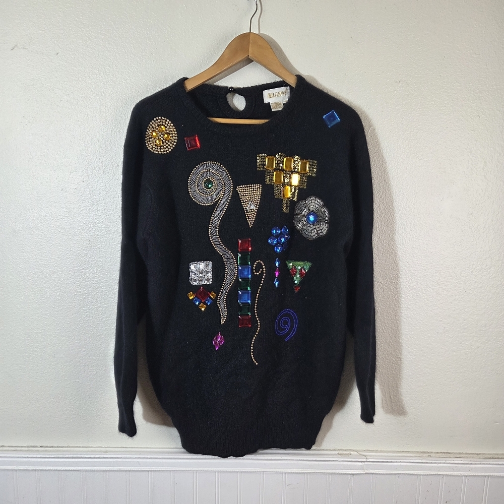Vintage Bellini Angora Rabbit Hair Lambswool Jeweled Black Sweater M Funky 80s